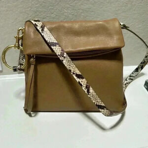 NWOT genuine leather cross body purse neutral camel tan color w snakeskin strap